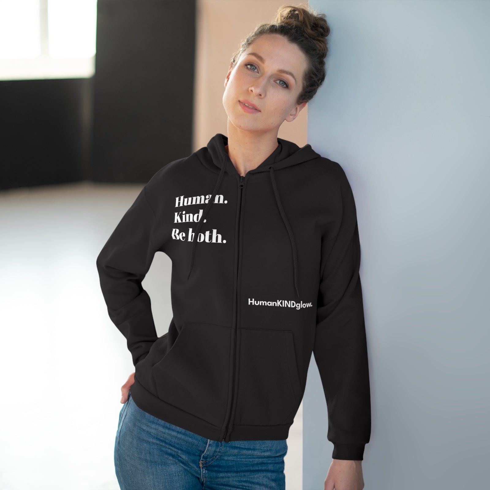 Unisex Hooded Zip Sweatshirt - Human. Kind. Be both. - HumanKINDglow