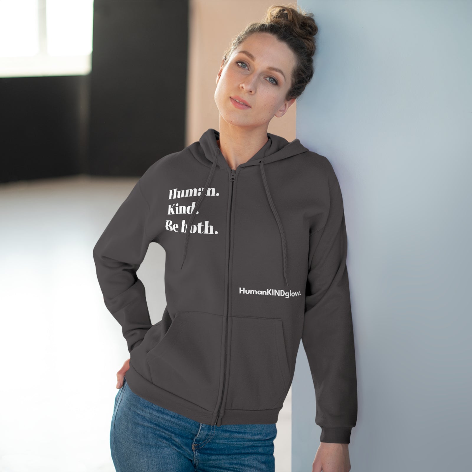 Unisex Hooded Zip Sweatshirt - Human. Kind. Be both. - HumanKINDglow